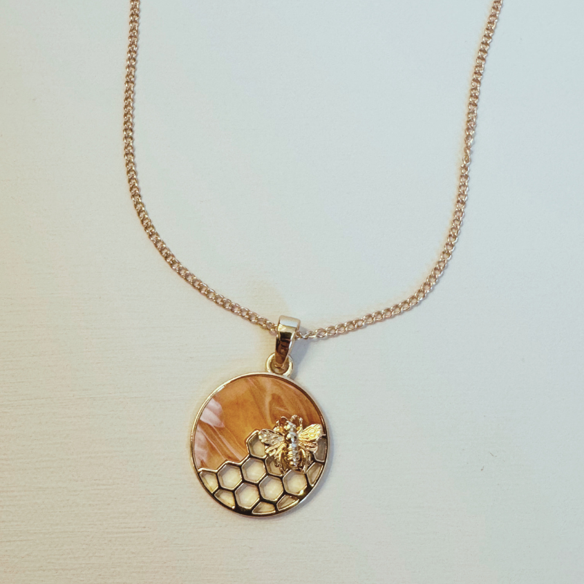 Bee Honeycomb Pendant Necklace, Gold 20 inches