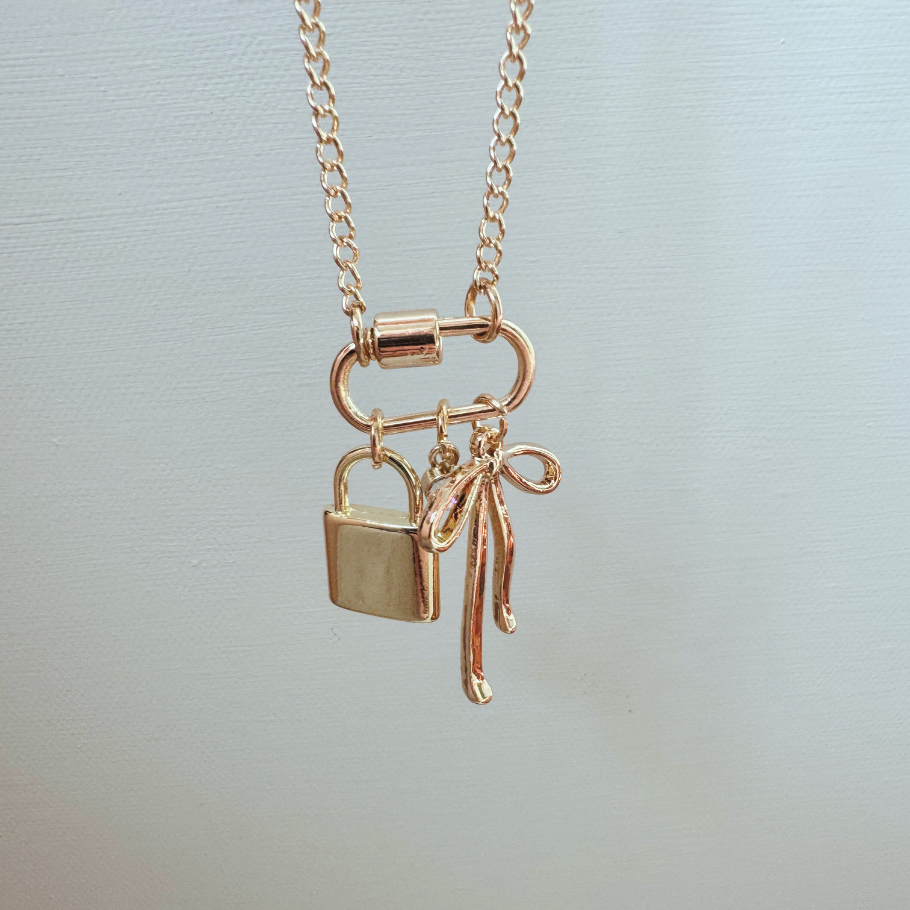 Gold Carabiner Charm Necklace, Bow & Lock Charms, 18 Inches