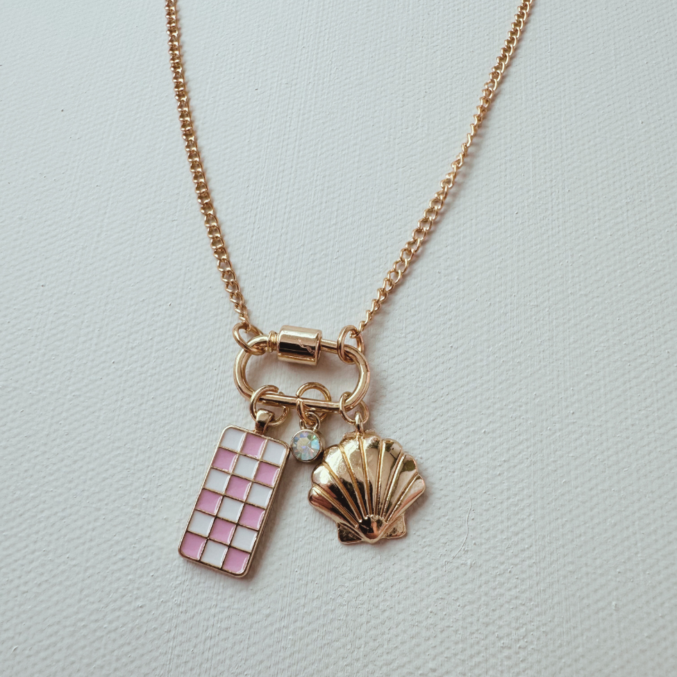 Gold Carabiner Charm Necklace, Shell & Pink Checkerboard Charms, 18 Inches