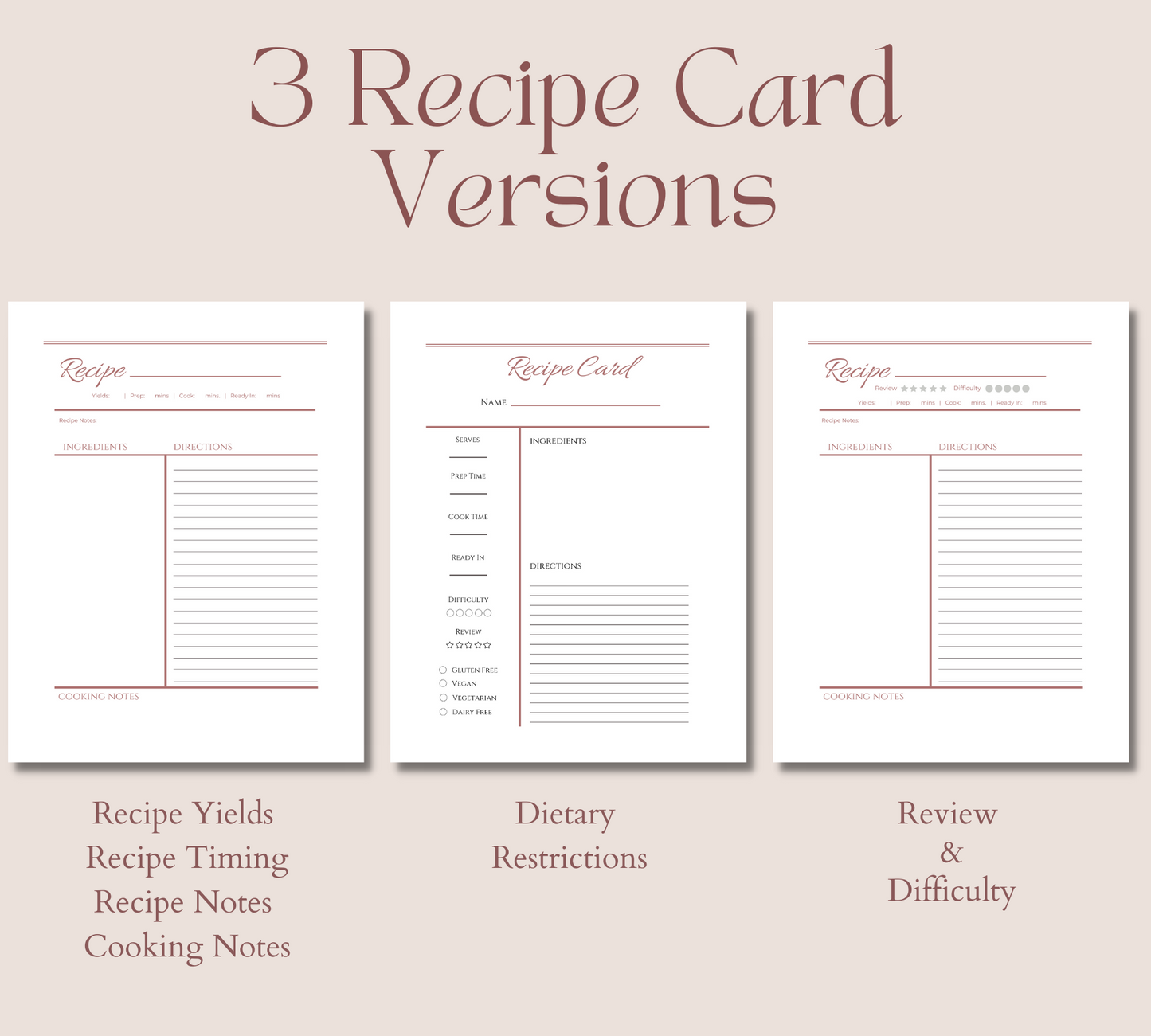 3 Recipe Versions Displayed with Features Listed for Printable Cookbook from Decorum
