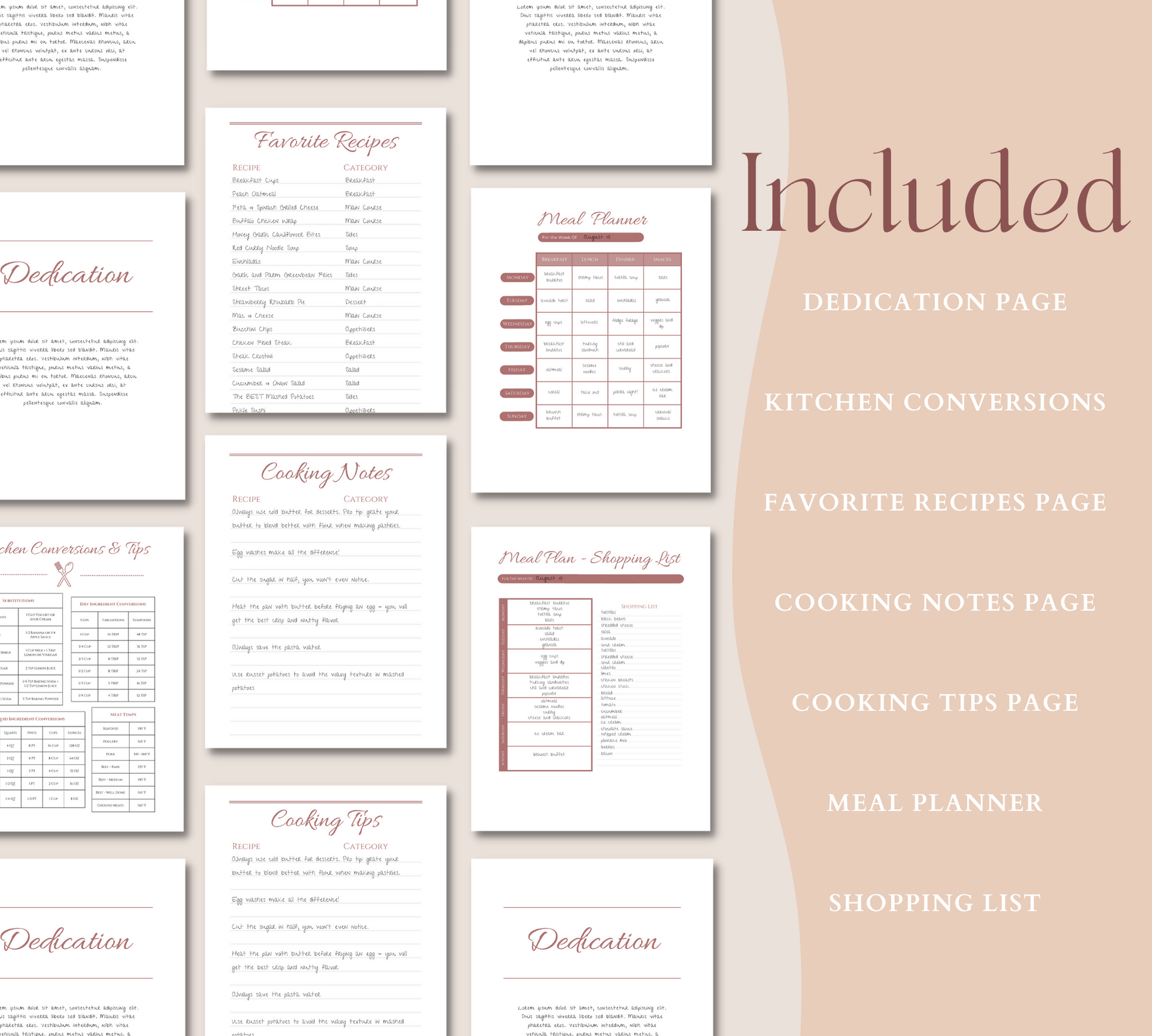 Printable cookbook features listed with pictures of each
