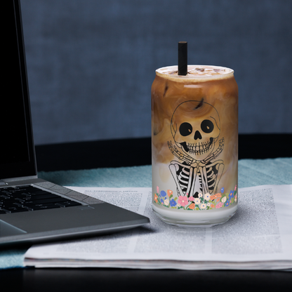 Flowers and Bones Glass Cup with Lid and Straw