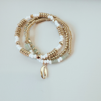 Green Aventurine Beaded Charm Bracelet Set with Gold Shell