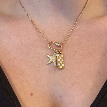 Gold Carabiner Charm Necklace, Starfish & Yellow Checkerboard Charms, 18 Inches