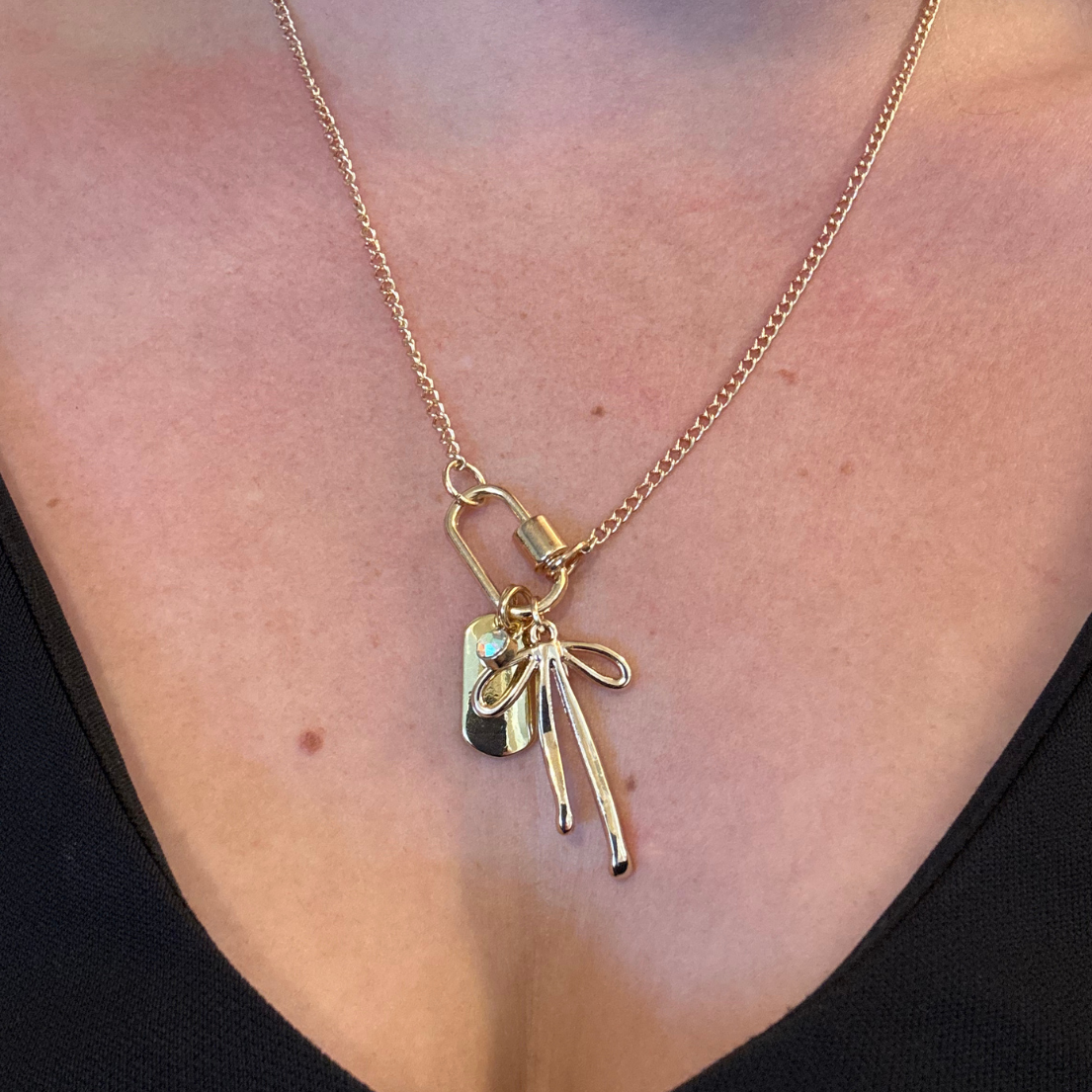 Gold Carabiner Charm Necklace, Bow & Dog Tag Charms