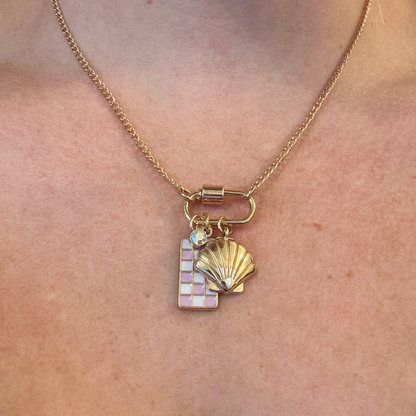 Gold Carabiner Charm Necklace, Shell & Pink Checkerboard Charms, 18 Inches