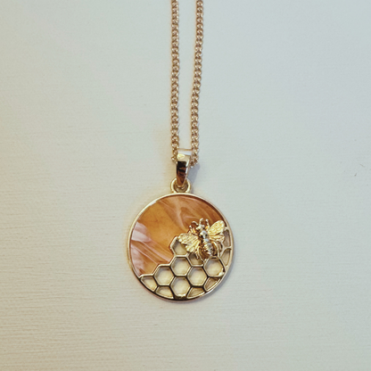 Bee Honeycomb Pendant Necklace, Gold 20 inches
