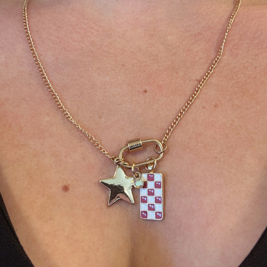 Gold Carabiner Charm Necklace, Star & Pink Checkerboard Charms