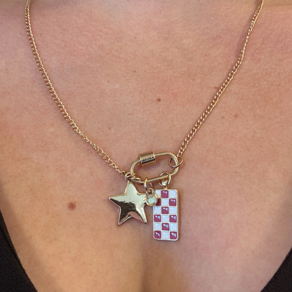 Gold Carabiner Charm Necklace, Star & Pink Checkerboard Charms