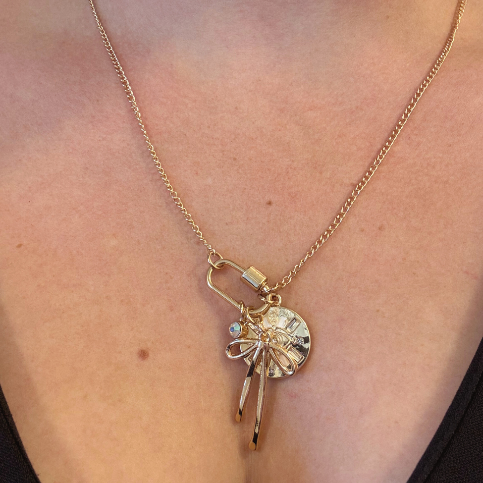 Gold Carabiner Charm Necklace, Evil Eye & Bow, 22 Inches