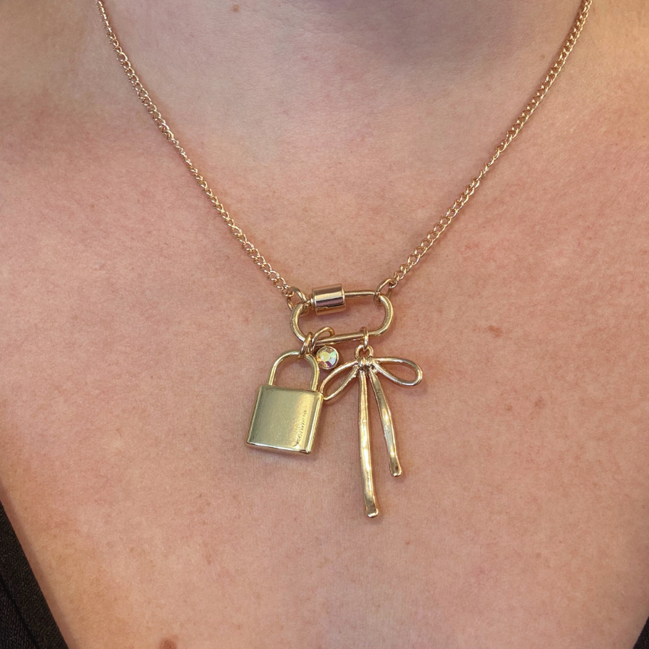 Gold Carabiner Charm Necklace, Bow & Lock Charms, 18 Inches