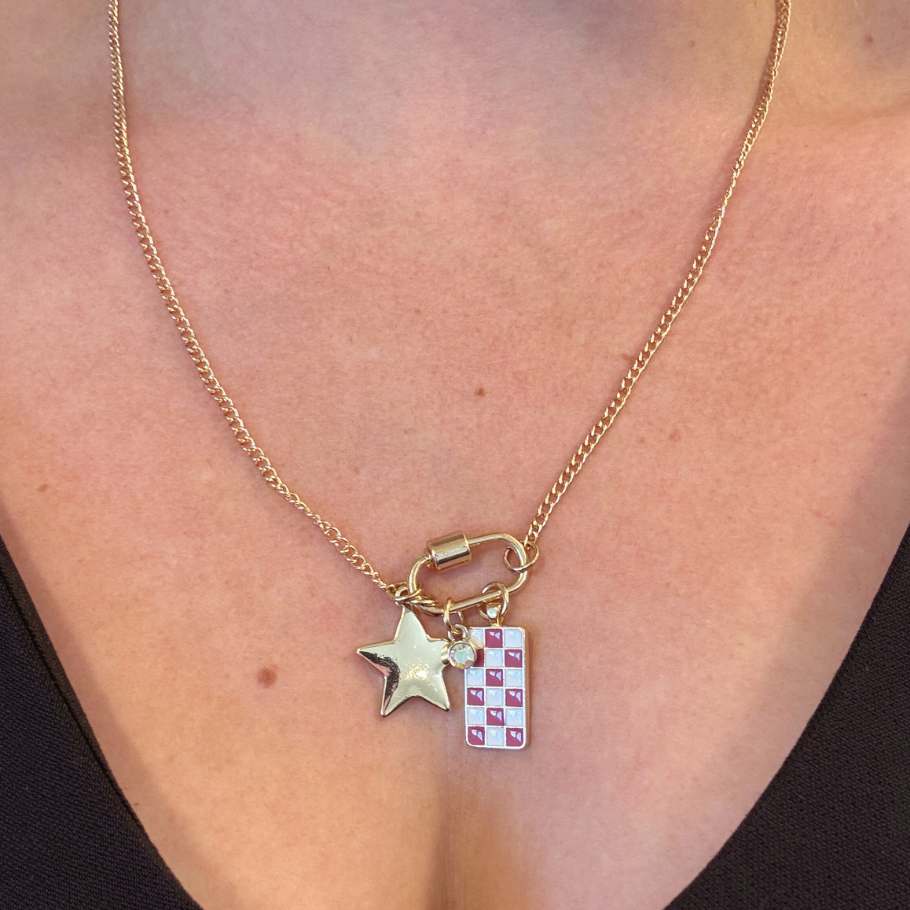 Gold Carabiner Charm Necklace, Star & Pink Checkerboard Charms