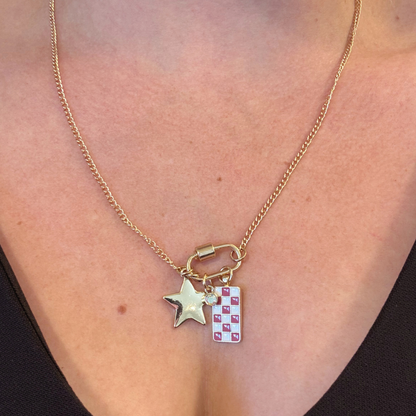 Gold Carabiner Charm Necklace, Star & Pink Checkerboard Charms