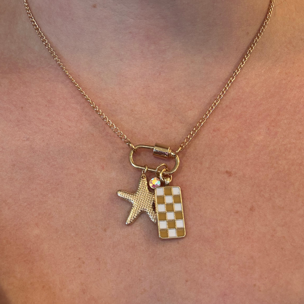 Gold Carabiner Charm Necklace, Starfish & Yellow Checkerboard Charms, 18 Inches