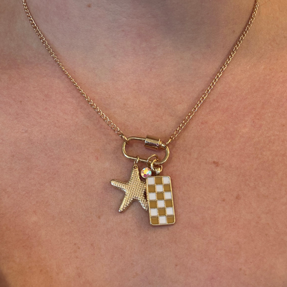 Gold Carabiner Charm Necklace, Starfish & Yellow Checkerboard Charms, 18 Inches