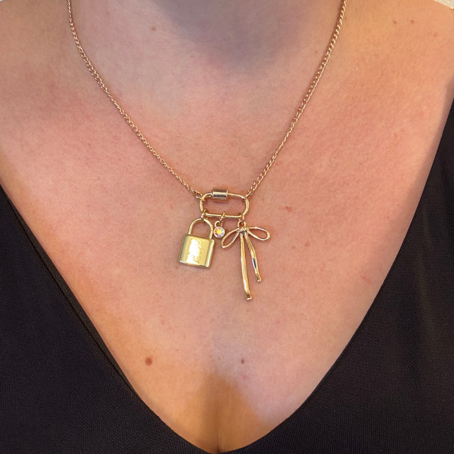 Gold Carabiner Charm Necklace, Bow & Lock Charms, 18 Inches