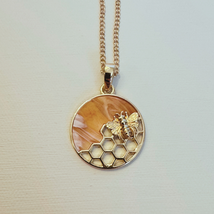 Bee Honeycomb Pendant Necklace, Gold 20 inches