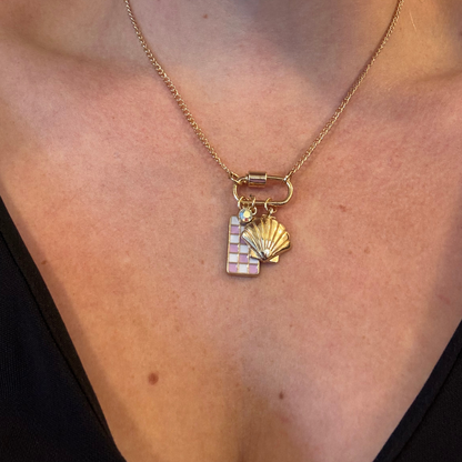 Gold Carabiner Charm Necklace, Shell & Pink Checkerboard Charms, 18 Inches