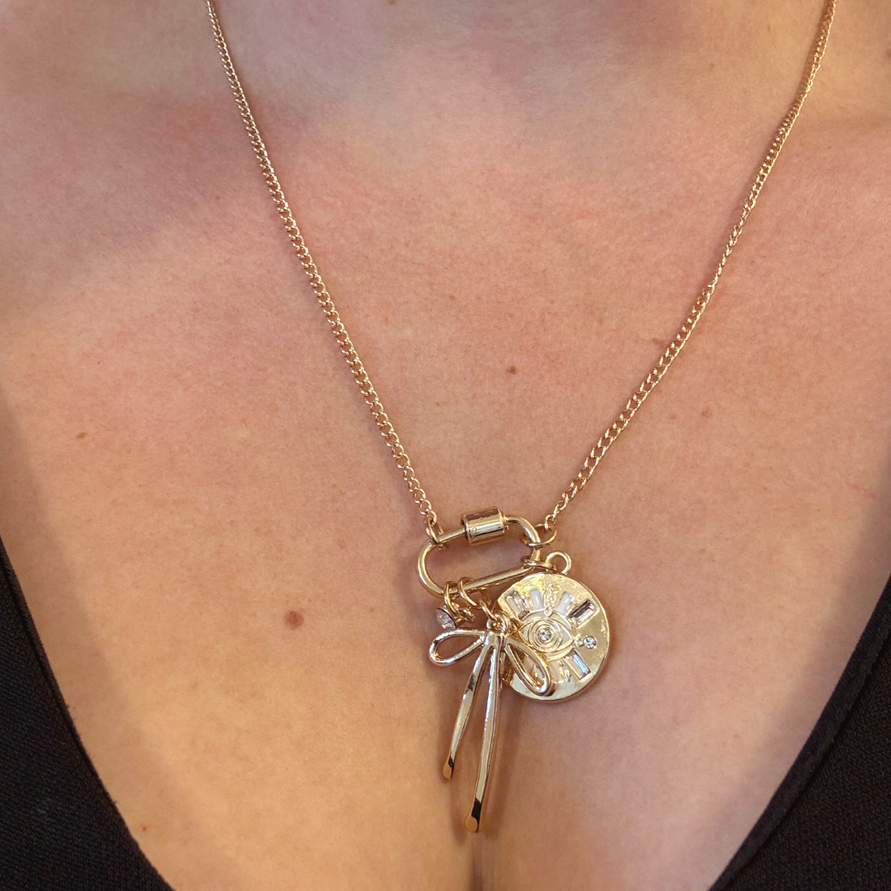 Gold Carabiner Charm Necklace, Evil Eye & Bow, 22 Inches