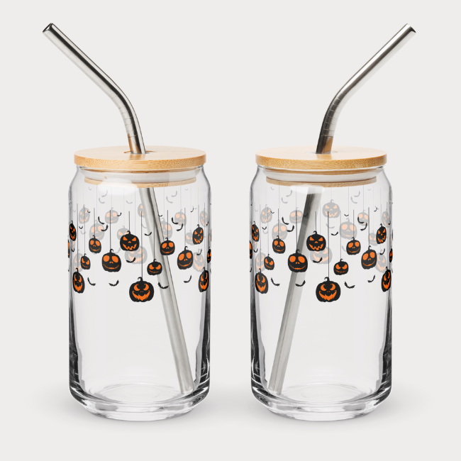 Hanging Pumpkins Glass Cup with Lid and Straw