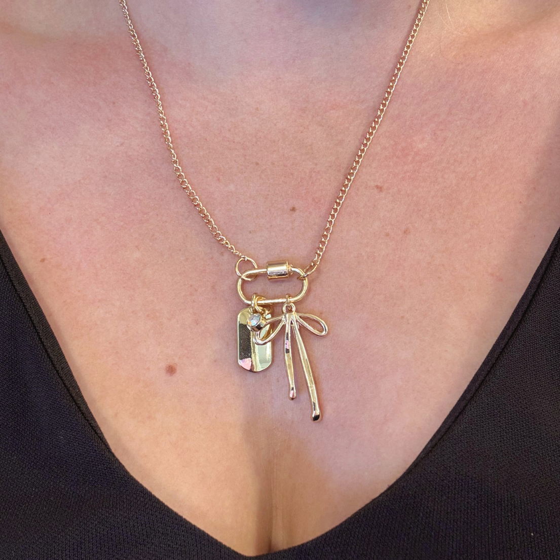 Gold Carabiner Charm Necklace, Bow & Dog Tag Charms