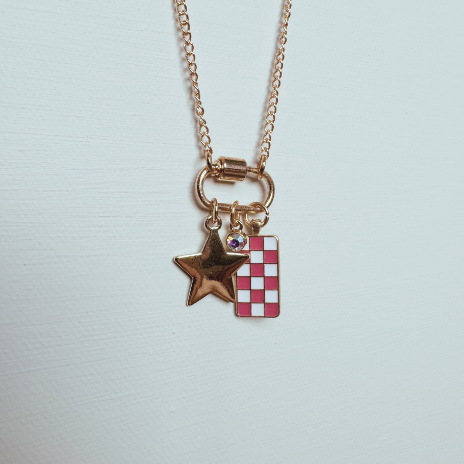 Gold Carabiner Charm Necklace, Star & Pink Checkerboard Charms