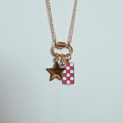 Gold Carabiner Charm Necklace, Star & Pink Checkerboard Charms