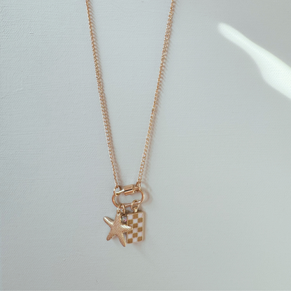 Gold Carabiner Charm Necklace, Starfish & Yellow Checkerboard Charms, 18 Inches