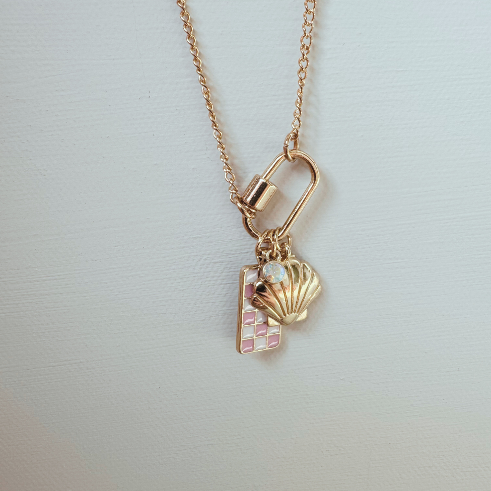 Gold Carabiner Charm Necklace, Shell & Pink Checkerboard Charms, 18 Inches
