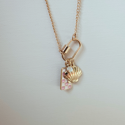 Gold Carabiner Charm Necklace, Shell & Pink Checkerboard Charms, 18 Inches