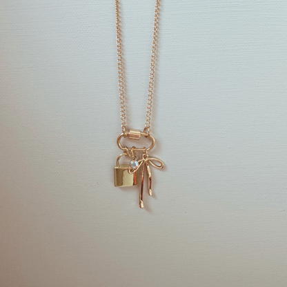 Gold Carabiner Charm Necklace, Bow & Lock Charms, 18 Inches