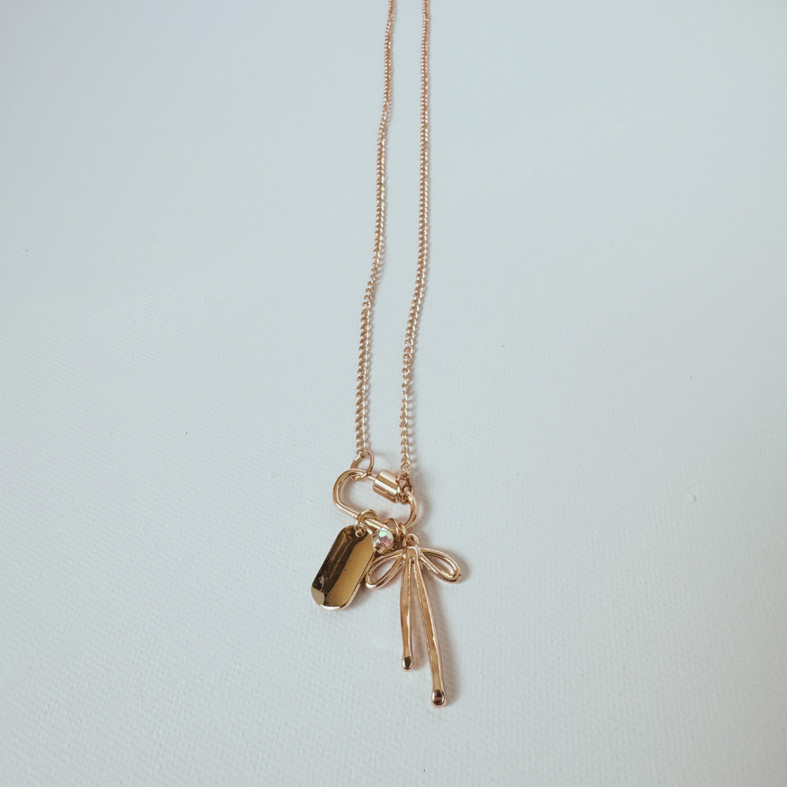 Gold Carabiner Charm Necklace, Bow & Dog Tag Charms