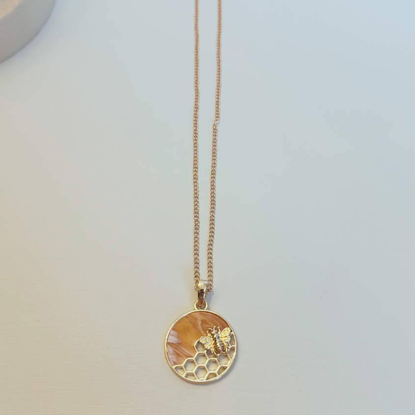 Bee Honeycomb Pendant Necklace, Gold 20 inches