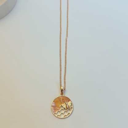 Bee Honeycomb Pendant Necklace, Gold 20 inches
