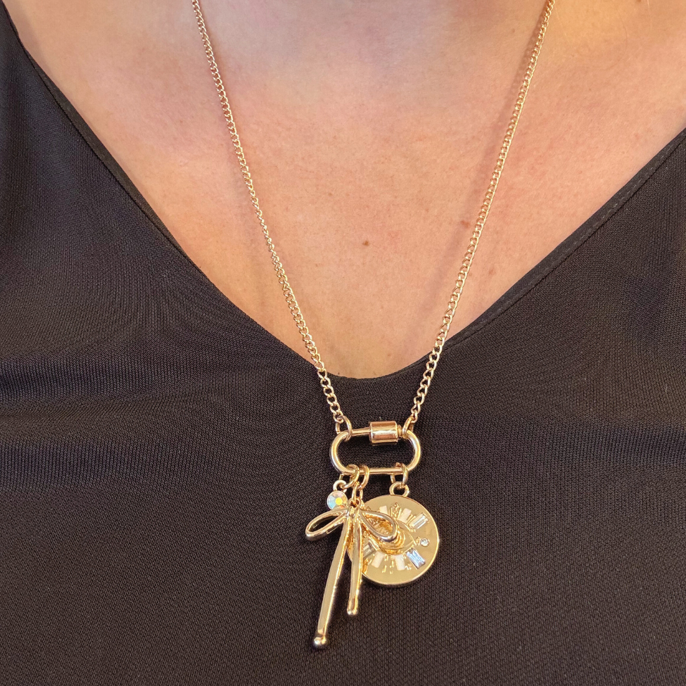 Gold Carabiner Charm Necklace, Evil Eye & Bow, 22 Inches