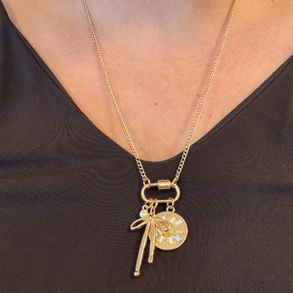 Gold Carabiner Charm Necklace, Evil Eye & Bow, 22 Inches