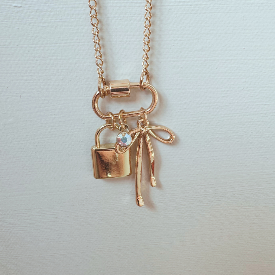 Gold Carabiner Charm Necklace, Bow & Lock Charms, 18 Inches