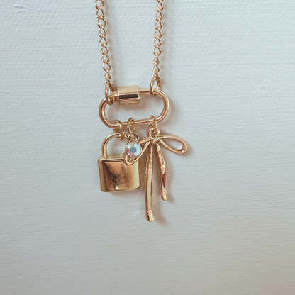 Gold Carabiner Charm Necklace, Bow & Lock Charms, 18 Inches