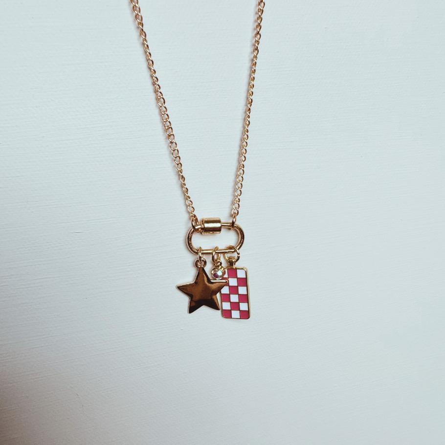 Gold Carabiner Charm Necklace, Star & Pink Checkerboard Charms