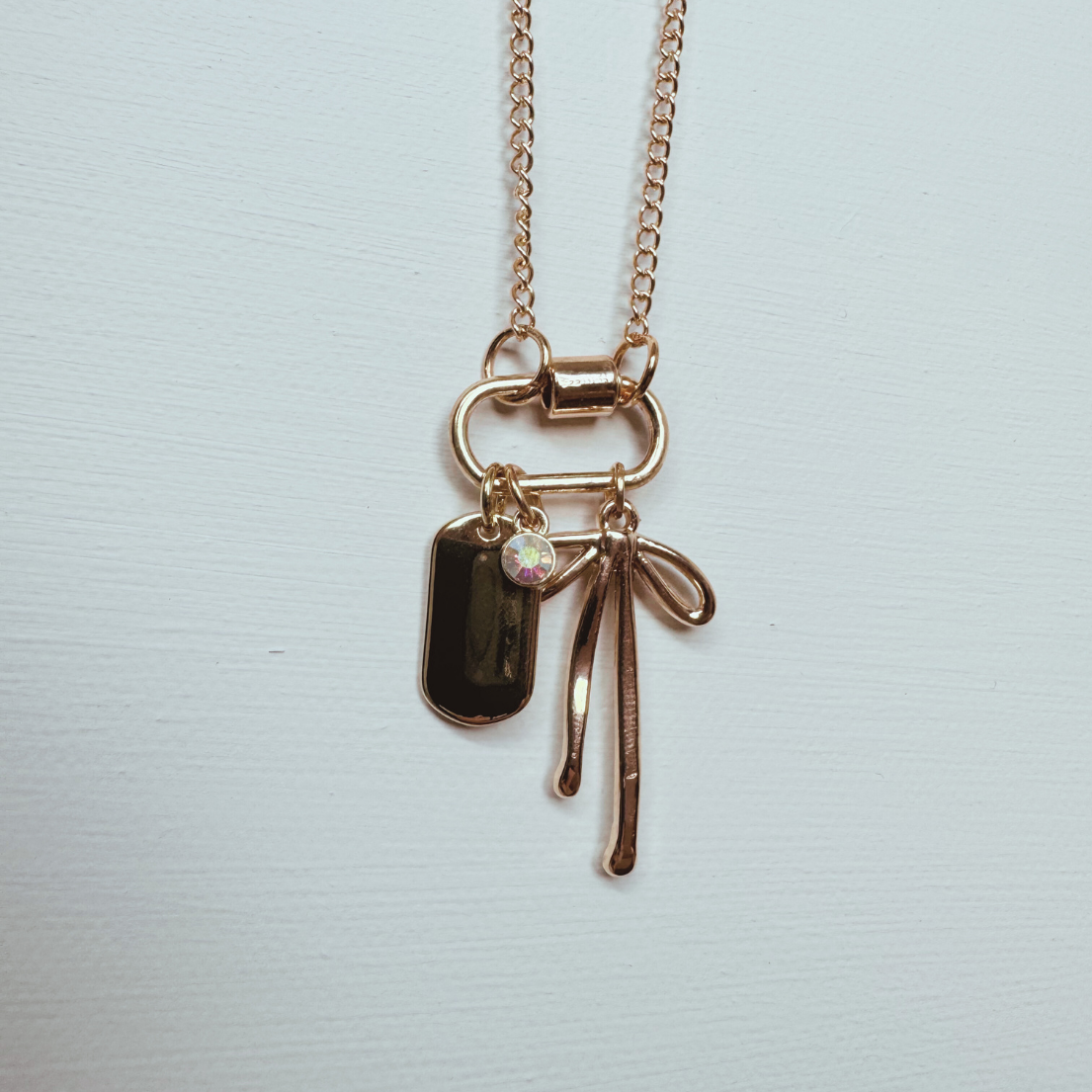 Gold Carabiner Charm Necklace, Bow & Dog Tag Charms