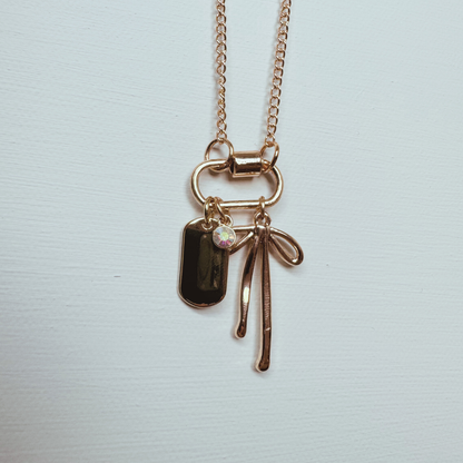 Gold Carabiner Charm Necklace, Bow & Dog Tag Charms