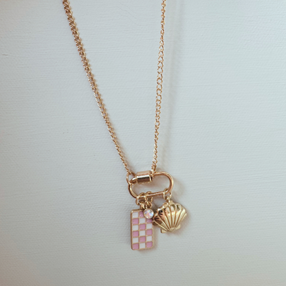 Gold Carabiner Charm Necklace, Shell & Pink Checkerboard Charms, 18 Inches