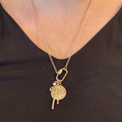 Gold Carabiner Charm Necklace, Evil Eye & Bow, 22 Inches