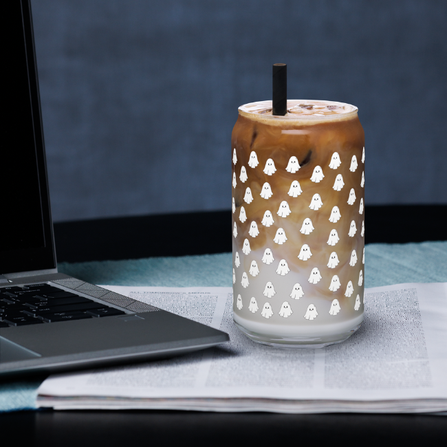 Ghosts Glass Cup with Lid and Straw