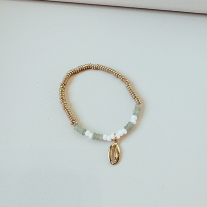 Green Aventurine Beaded Charm Bracelet Set with Gold Shell