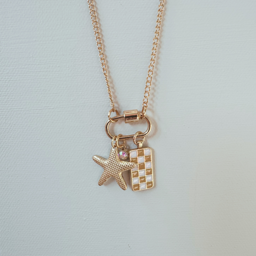 Gold Carabiner Charm Necklace, Starfish & Yellow Checkerboard Charms, 18 Inches