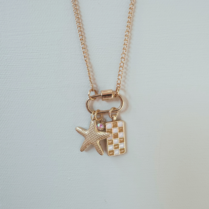 Gold Carabiner Charm Necklace, Starfish & Yellow Checkerboard Charms, 18 Inches