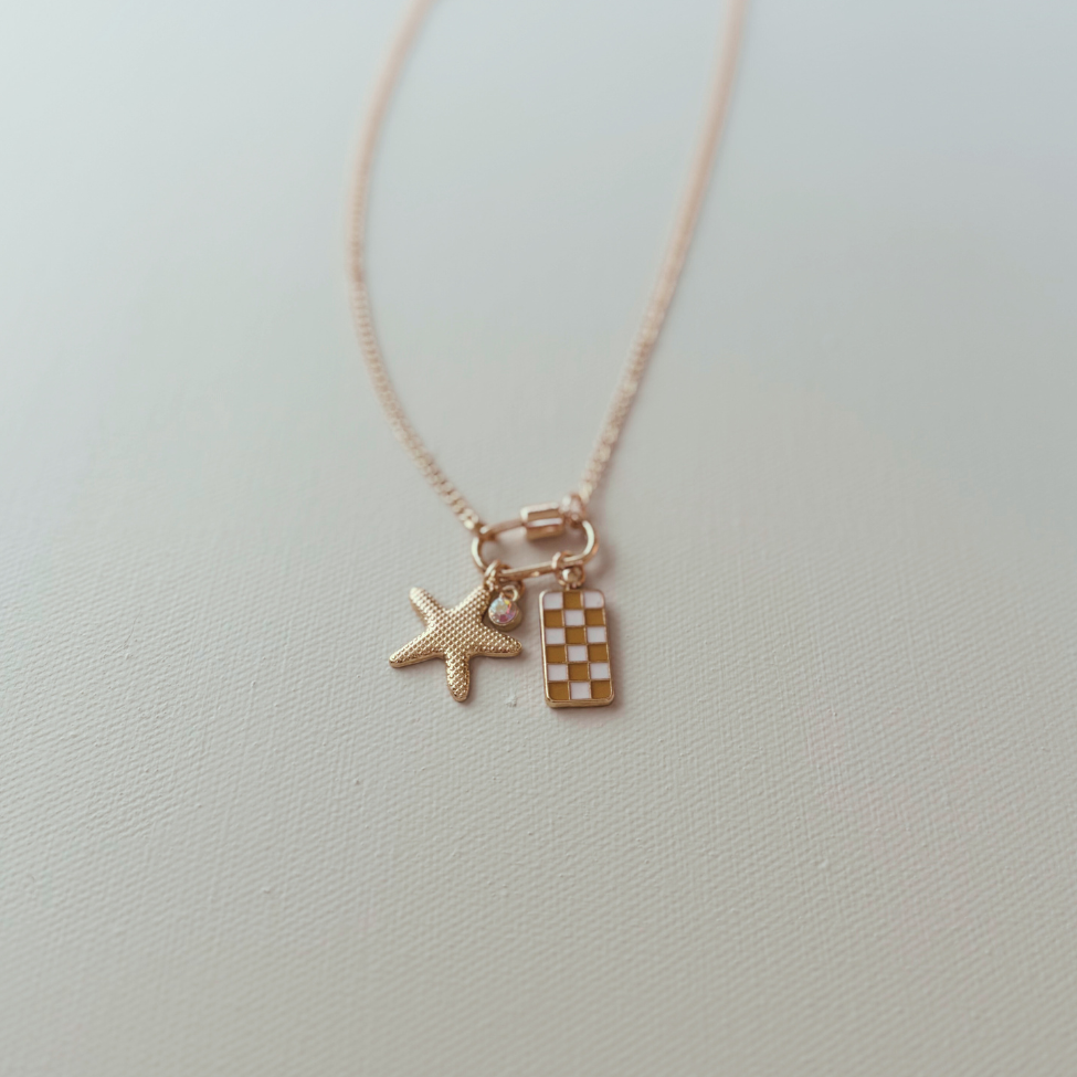 Gold Carabiner Charm Necklace, Starfish & Yellow Checkerboard Charms, 18 Inches