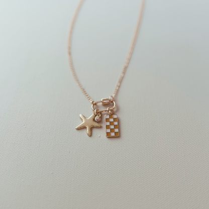 Gold Carabiner Charm Necklace, Starfish & Yellow Checkerboard Charms, 18 Inches