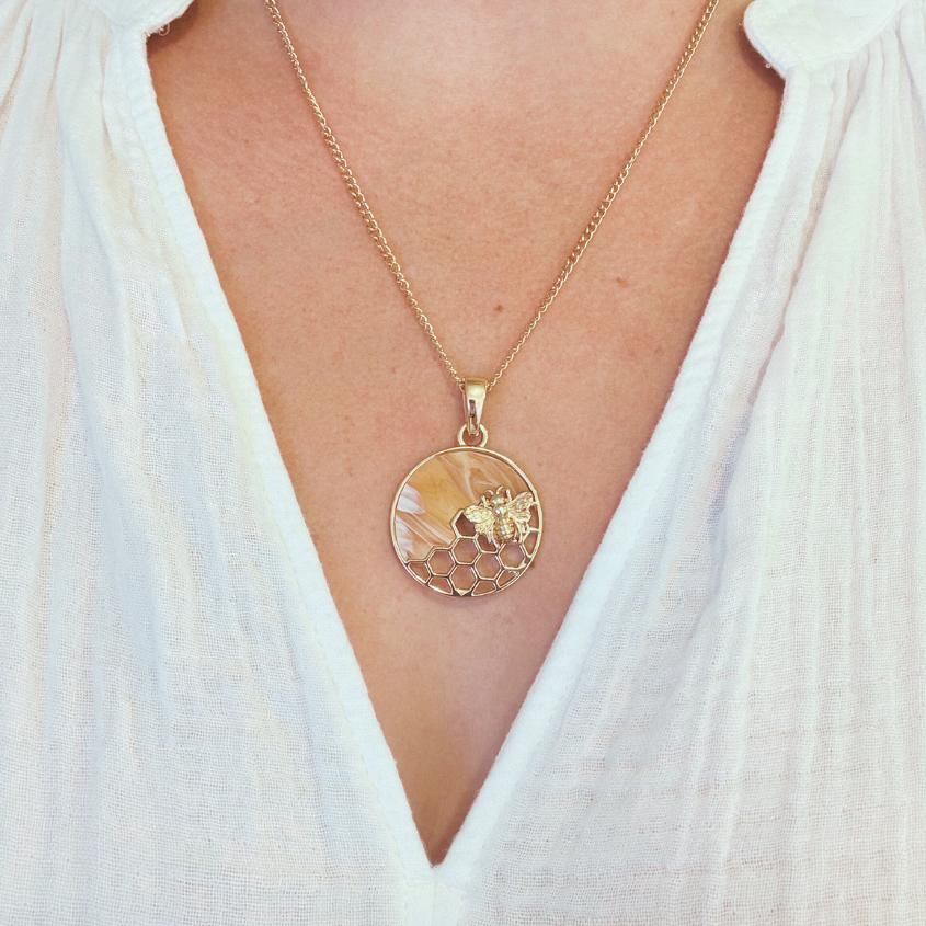 Bee Honeycomb Pendant Necklace, Gold 20 inches